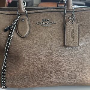 Coach Taupe Pebbled Leather Satchel with Chain Strap